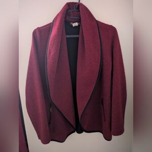 Red Open Front Coat with Black Trim